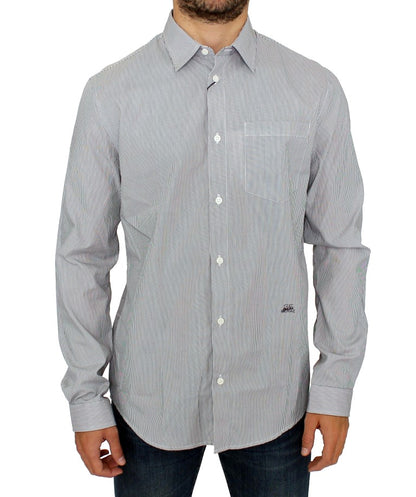 GF Ferre Chic Gray Striped Cotton Casual Shirt with sharp point collar and full button closure