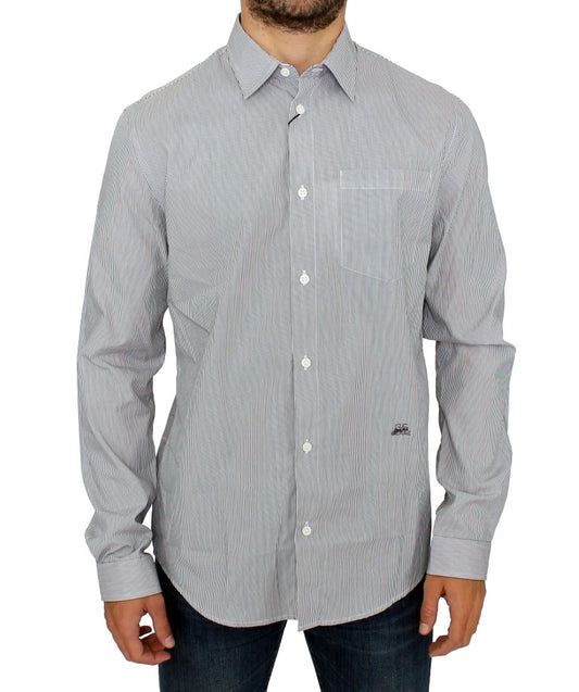 GF Ferre Chic Gray Striped Cotton Casual Shirt with sharp point collar and full button closure