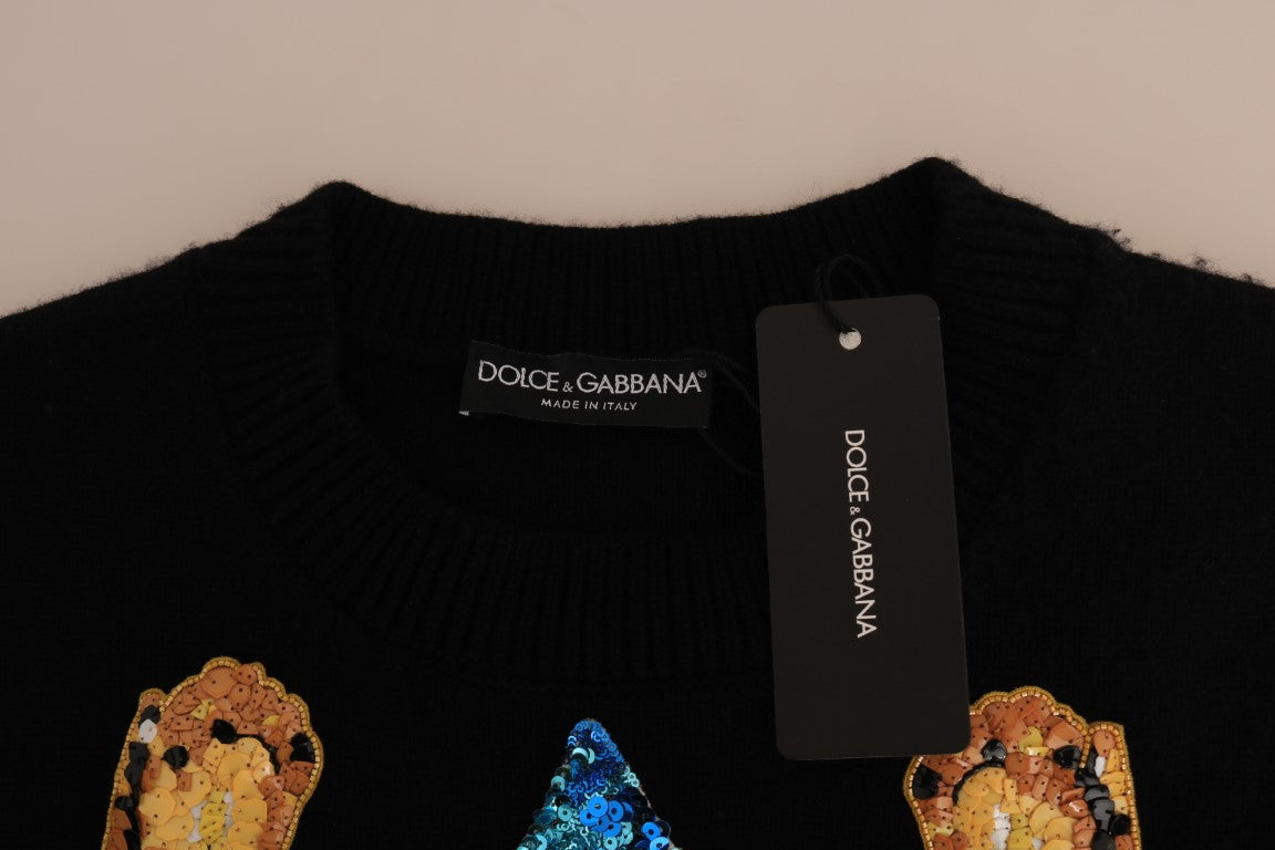 Luxurious black cashmere sweater with multicolored crystal sequined applique capturing the imagination