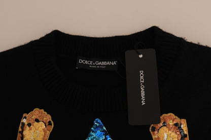 Luxurious black cashmere sweater with multicolored crystal sequined applique capturing the imagination