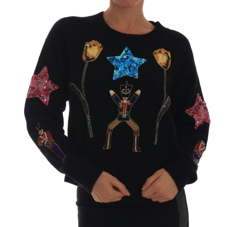 Dolce & Gabbana Enchanted Elegance Cashmere Sweater in luxurious black cashmere adorned with multicolored crystal sequined applique
