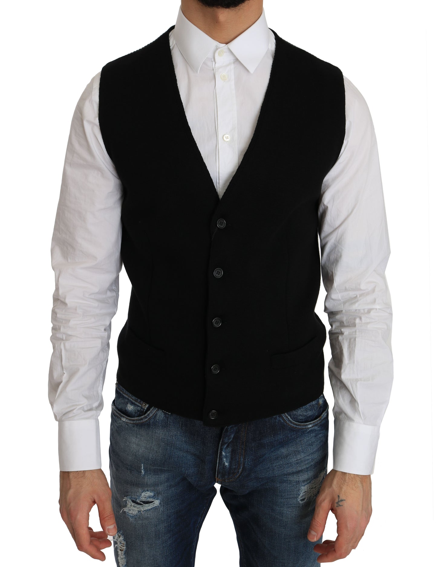 Exquisite Dolce & Gabbana black cotton formal vest with adjustable back strap 