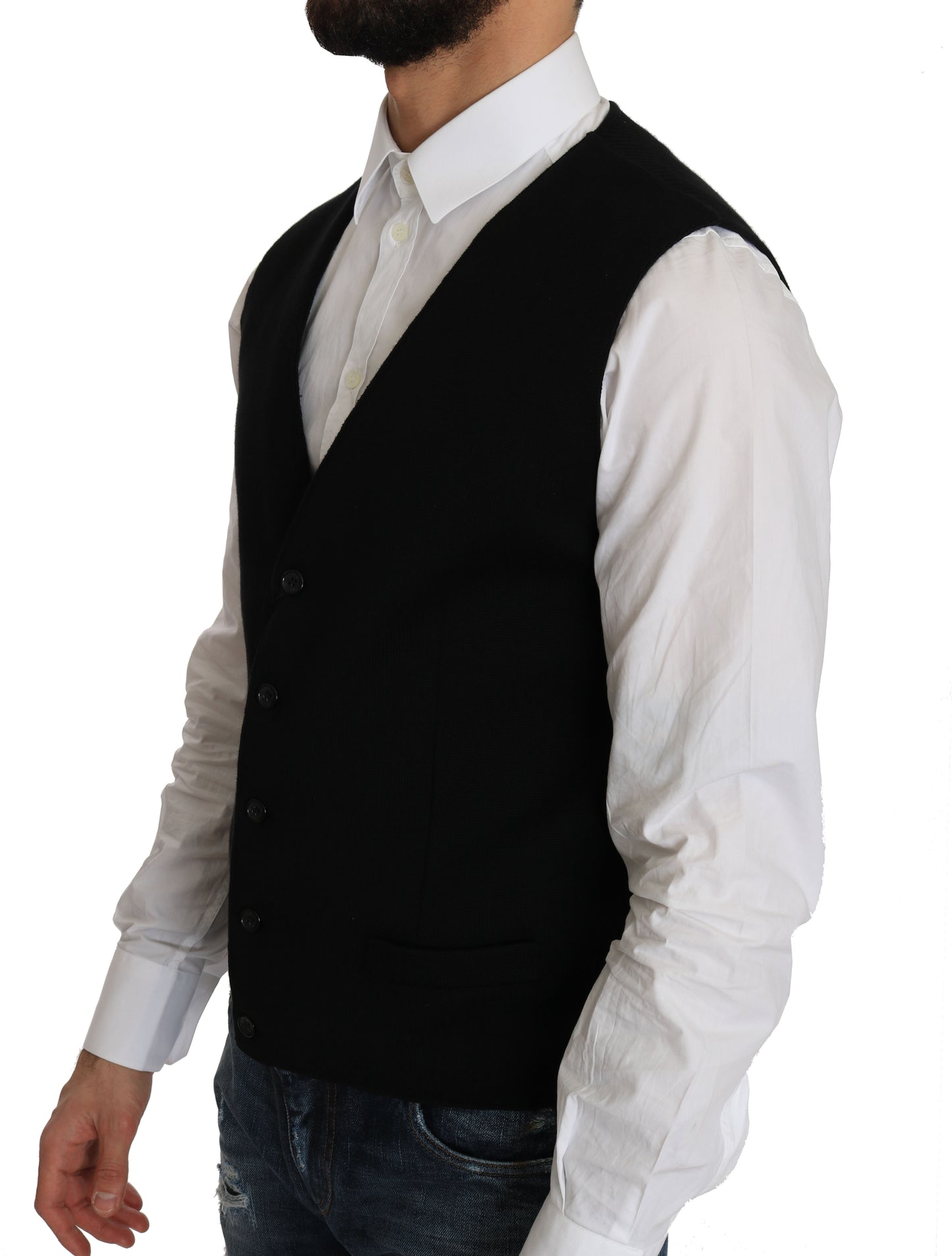  Sleek black formal vest with full button closure and iconic logo details 