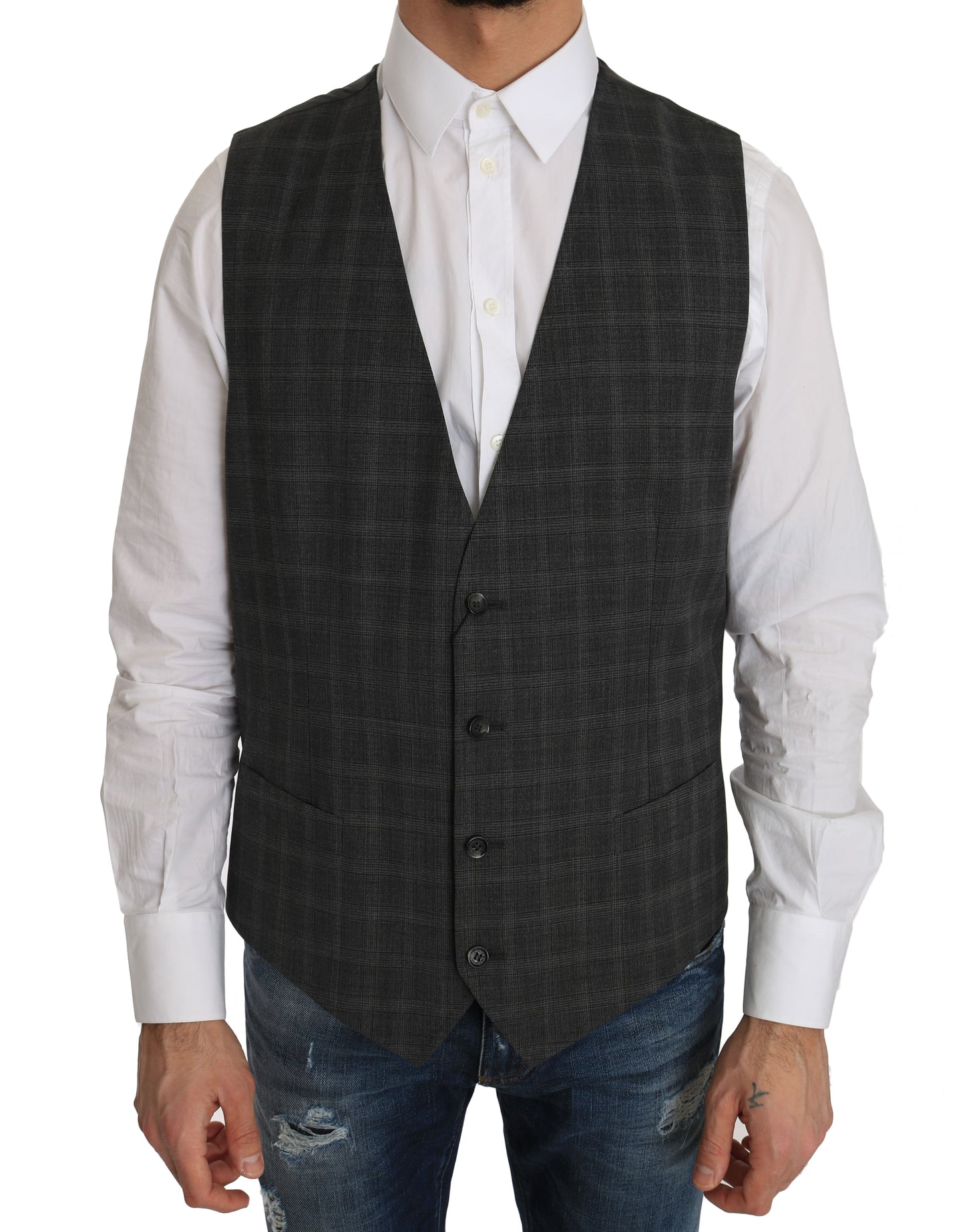 Dolce & Gabbana Elegant Checkered Wool Vest for the Urbane Man in Gray