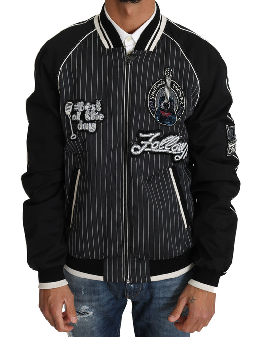 Dolce & Gabbana Elegant Sequined Black Bomber Jacket with Striped Pattern and Full Zipper Closure