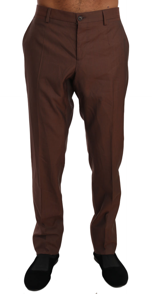 Elegant brown wool-silk formal pants with button and zipper closure