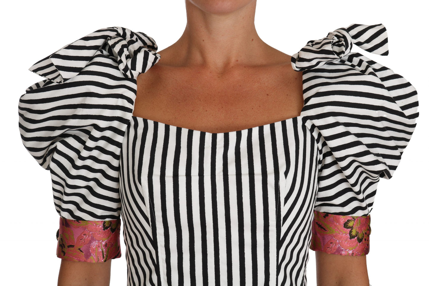 High-fashion black and white striped Corset Top with pink brocade detailing