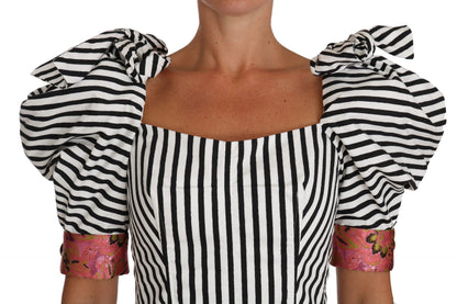 High-fashion black and white striped Corset Top with pink brocade detailing