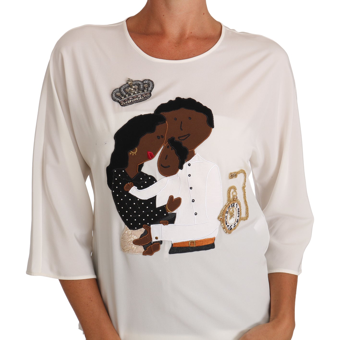 Luxurious white (off-white) silk blend crewneck blouse proudly made in Italy