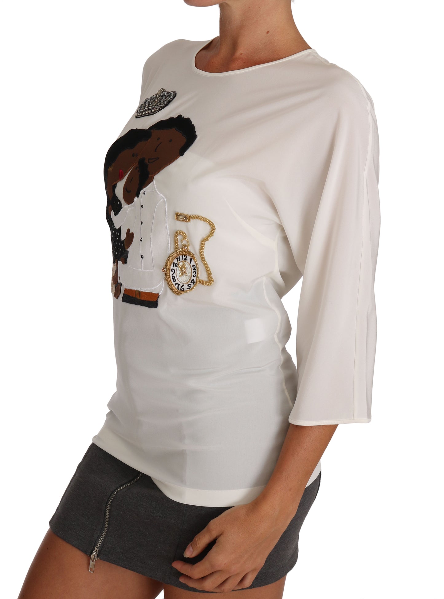 Dolce & Gabbana blouse adorned with a crystal-embellished crown and pocket watch