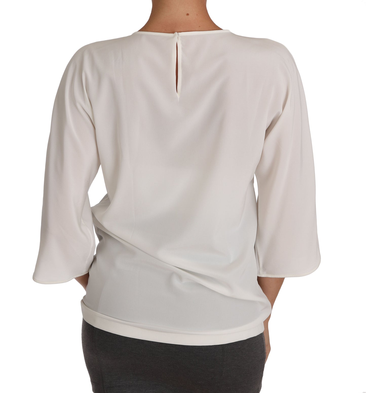 Vibrant multicolor Figure Family applique on a chic 3/4 sleeve crewneck blouse