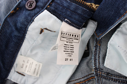 Close-up of the luxurious Cavalli brand logo detail on the jeans