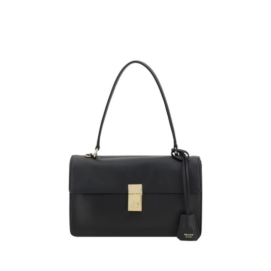 Prada Shoulder Bag in black leather with front snap closure and logo charm detail
