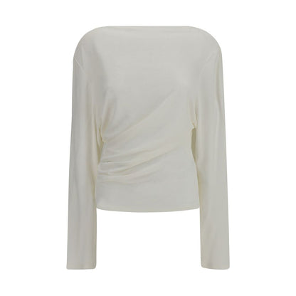 Jacquemus Le Haut Croisière long sleeve Top in white with asymmetrical neckline and pleated details