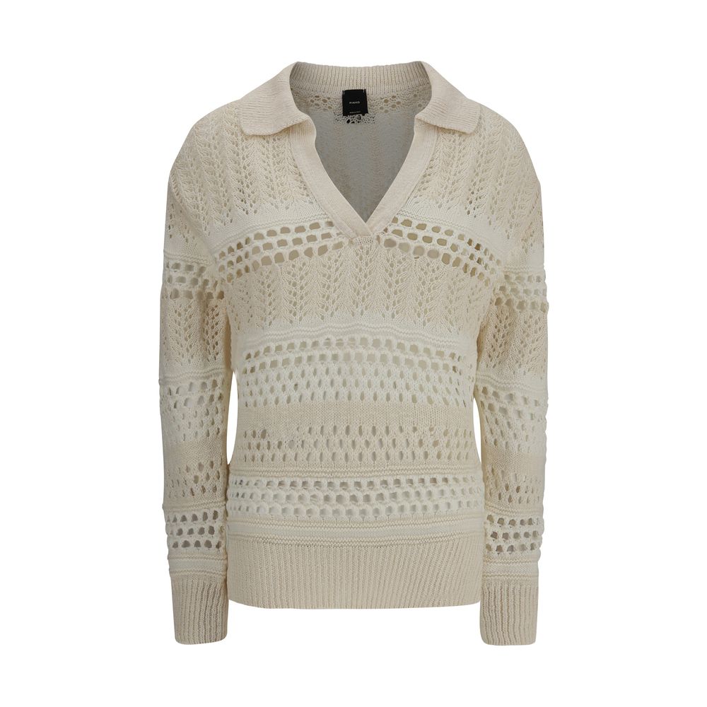 Perforated design sweater in light pink with ribbed collar and V-neck