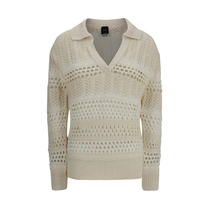 Perforated design sweater in light pink with ribbed collar and V-neck