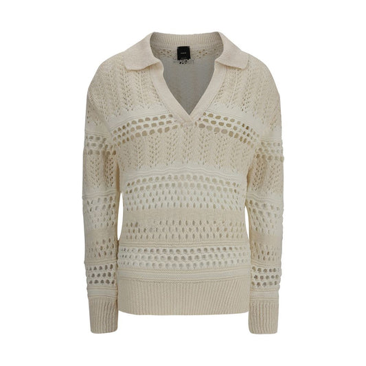 Perforated design sweater in light pink with ribbed collar and V-neck