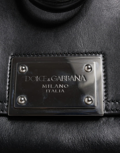 Close up of Dolce & Gabbana Black Calfskin Leather SICILY Logo Plaque Top Handle Bag