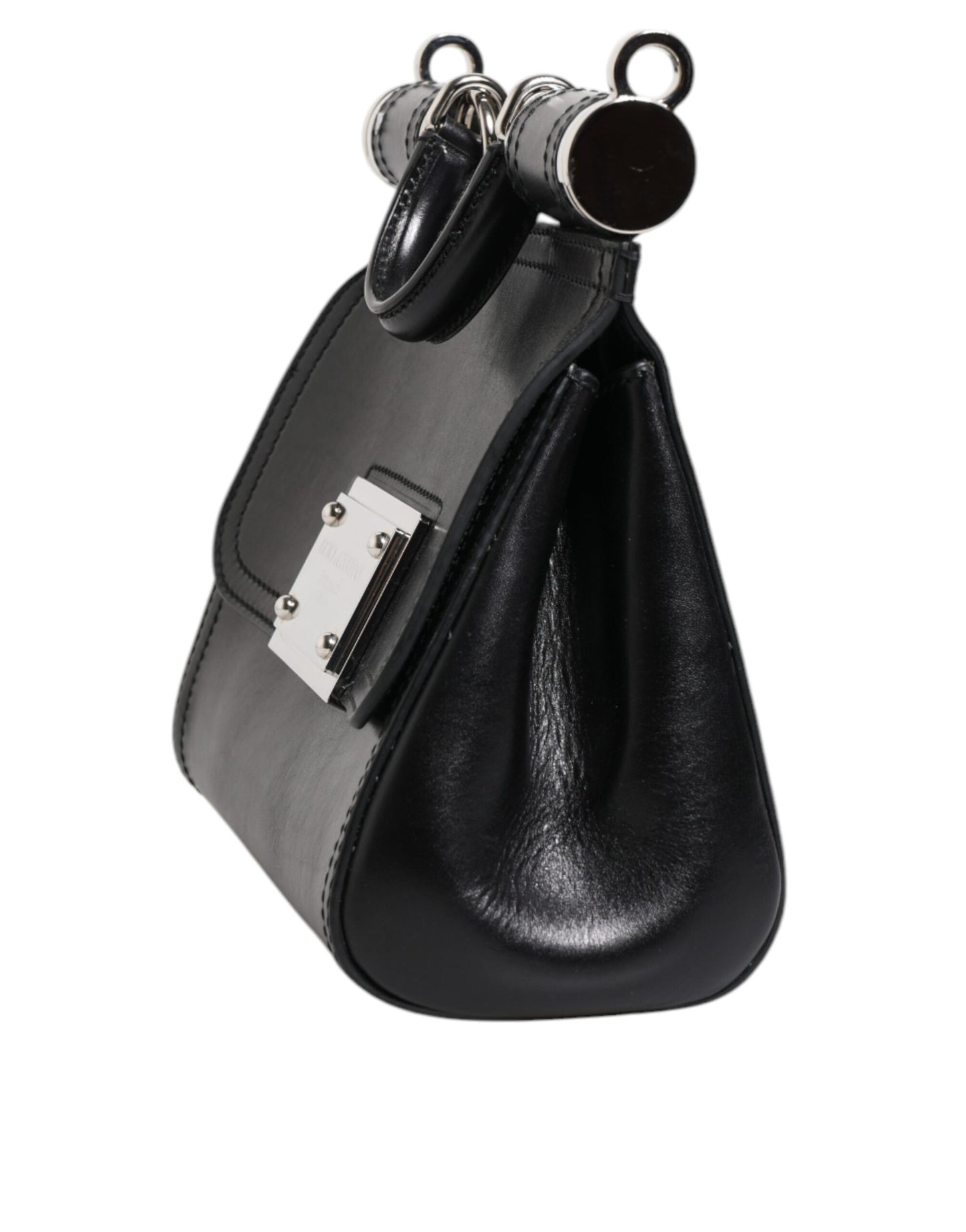 Interior view of Dolce & Gabbana Black Calfskin Leather SICILY Logo Plaque Top Handle Bag showing fabric inner lining