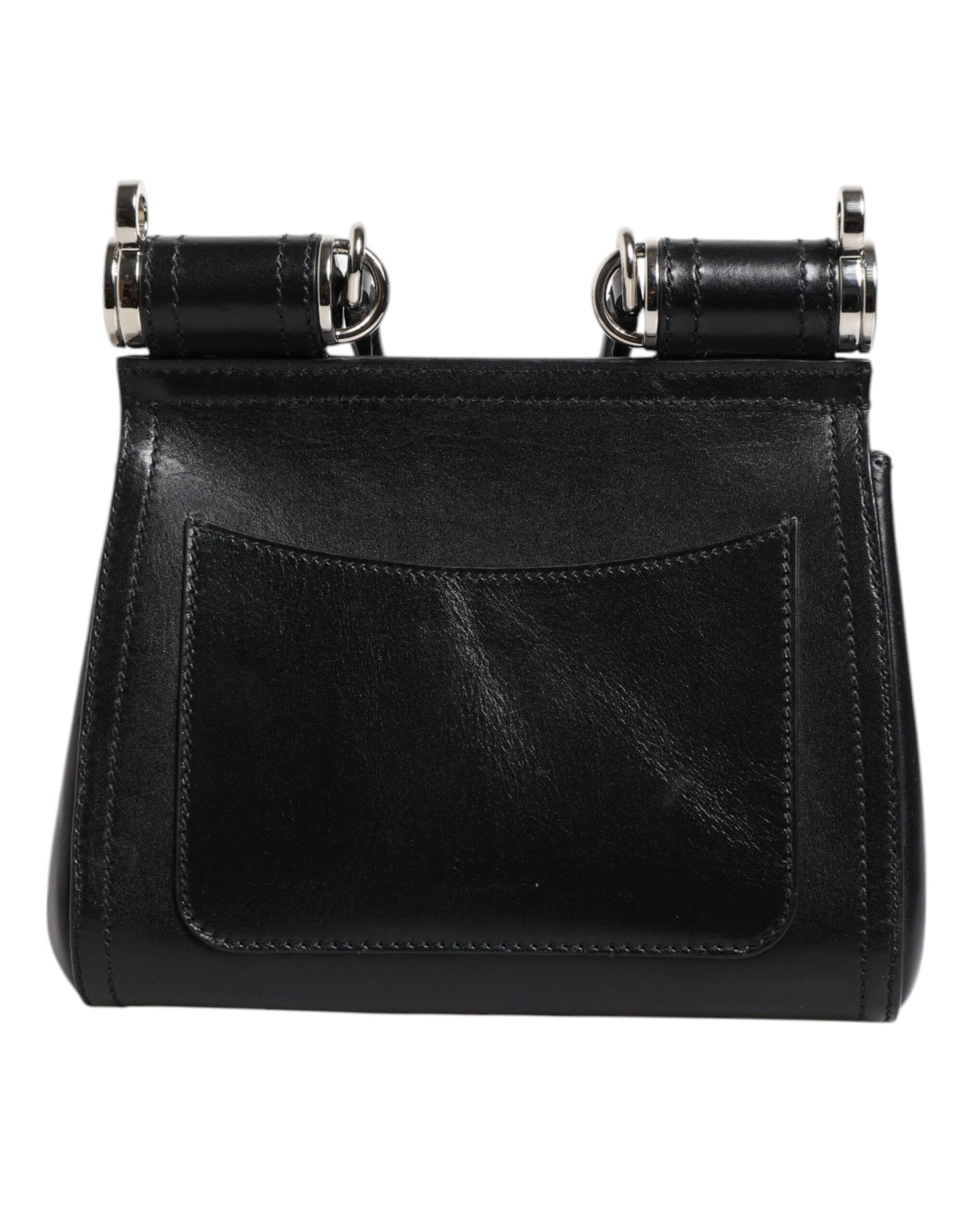 Close up of magnetic fastening on Dolce & Gabbana Black Calfskin Leather SICILY Logo Plaque Top Handle Bag