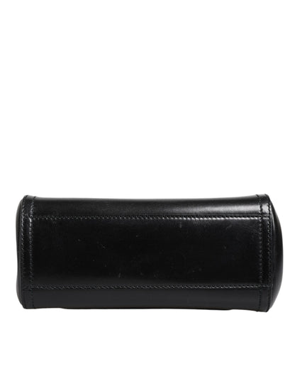 Detail of logo engraved metal hardware on Dolce & Gabbana Black Calfskin Leather SICILY Logo Plaque Top Handle Bag