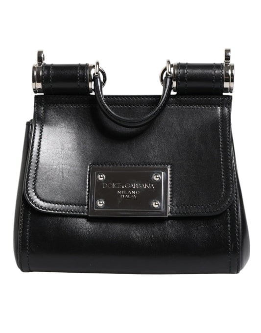 Dolce & Gabbana Black Calfskin Leather SICILY Logo Plaque Top Handle Bag front view with logo plaque