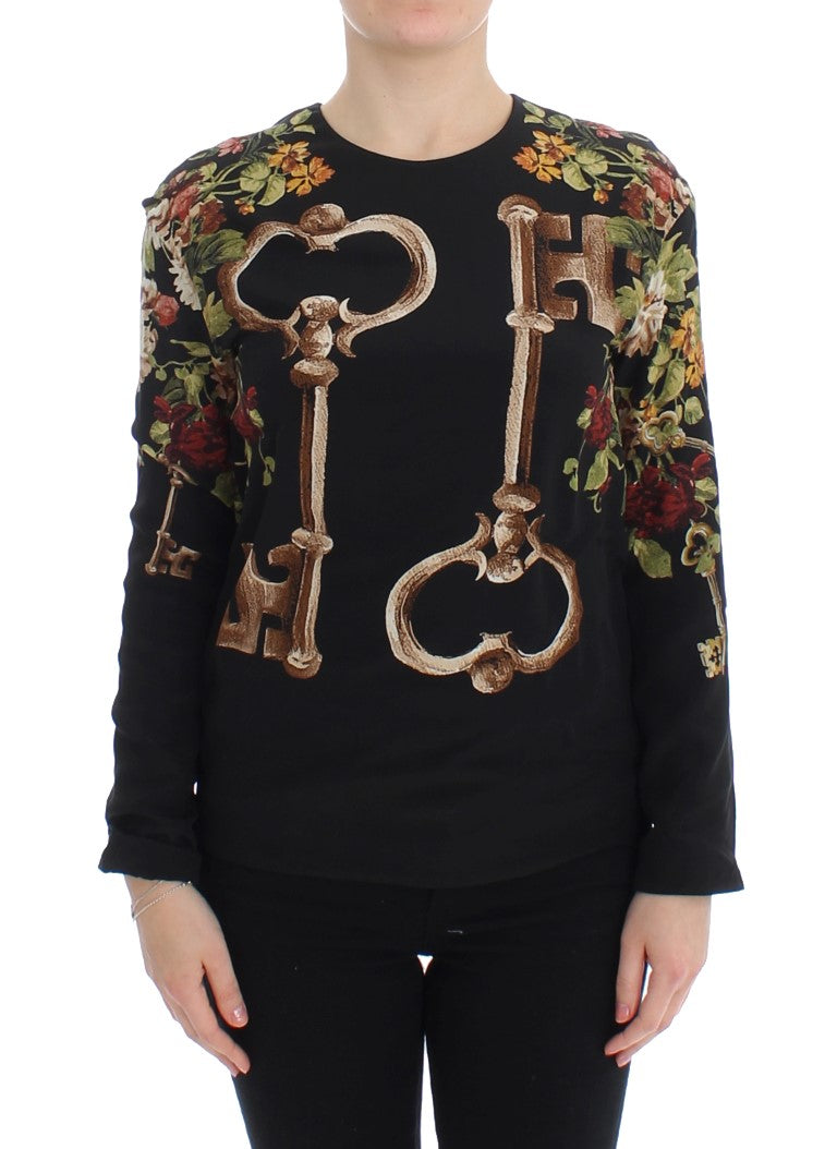 Dolce & Gabbana black silk blouse with Medieval key and floral print