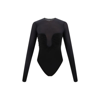 Semi-sheer bodysuit by Pinko with crew neck and long sleeves