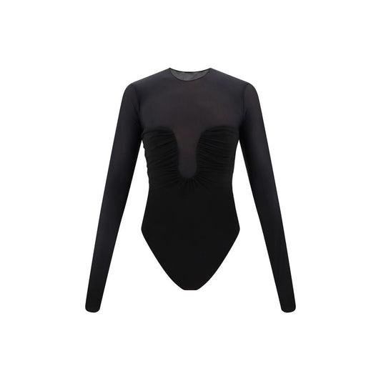 Semi-sheer bodysuit by Pinko with crew neck and long sleeves