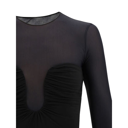Opaque fabric insert simulating the effect of a corset above the bust adds refinement and structure