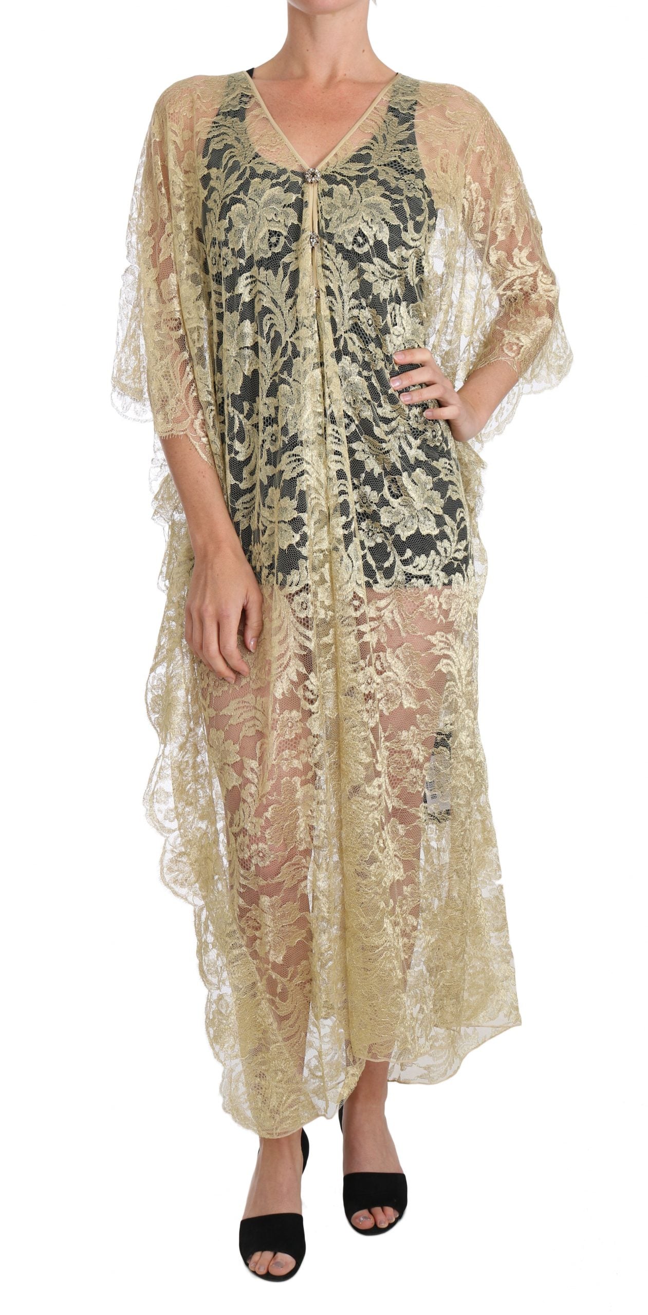 Dolce & Gabbana Golden Floral Lace Kaftan Sundress in Gold 