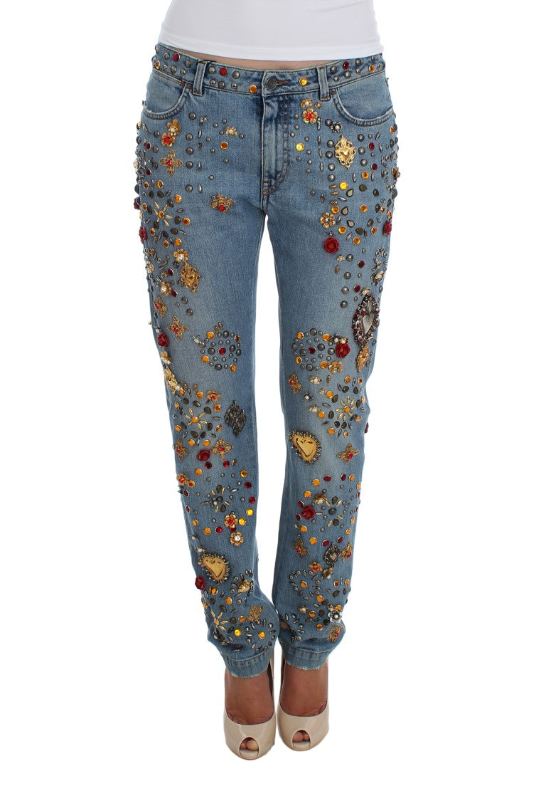 Dolce & Gabbana Enchanted Sicily Crystal Heart Boyfriend Jeans in light blue wash adorned with dazzling crystals forming a heart and roses