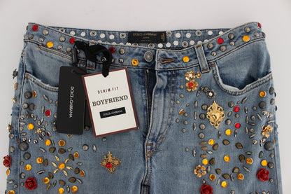 Dolce & Gabbana Enchanted Sicily Crystal Heart Boyfriend Jeans made of 69% Cotton, 15% Brass, 5% Crystal, 5% Zama, 3% Plastic, 2% Glass, 1% Elastane