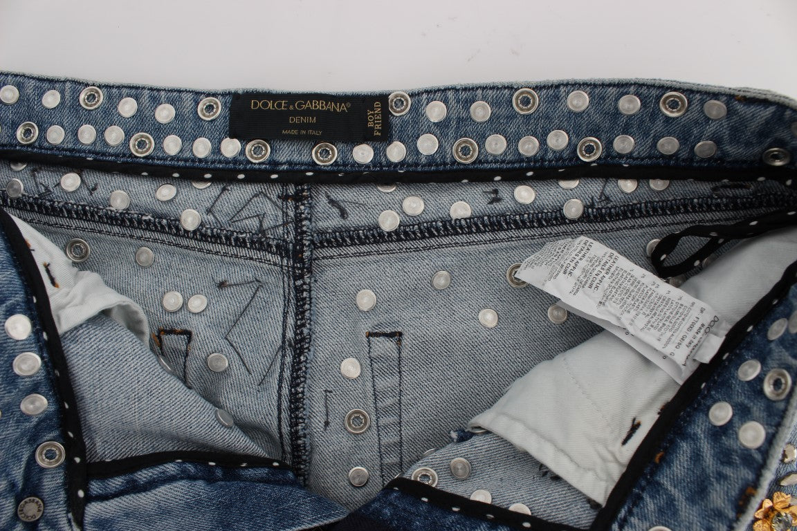 Dolce & Gabbana Enchanted Sicily Crystal Heart Boyfriend Jeans featuring multicolor crystals and zipper/button fly closure