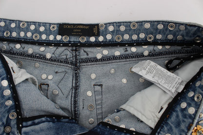 Dolce & Gabbana Enchanted Sicily Crystal Heart Boyfriend Jeans featuring multicolor crystals and zipper/button fly closure