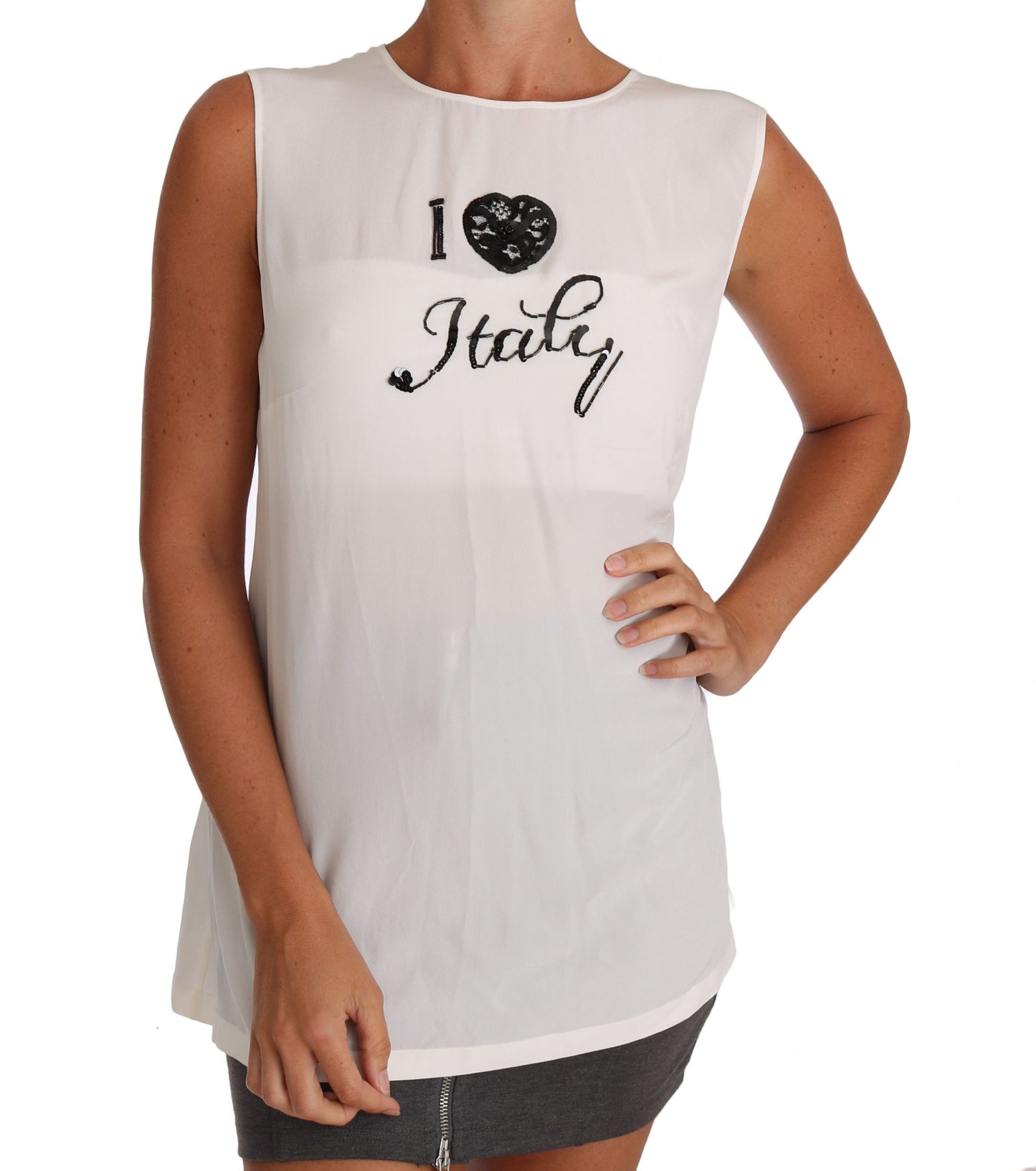 Dolce & Gabbana White Silk Sleeveless Top with Lace Detail