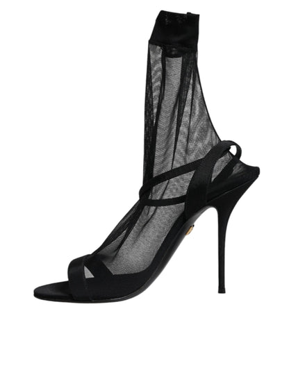 Dolce & Gabbana Black Tulle Stretch Heels Sandals Shoes