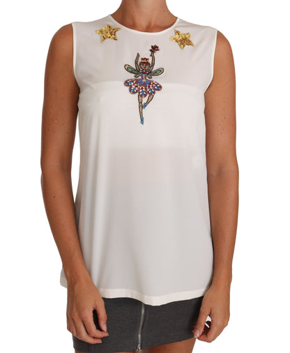 Exquisite off-white silk blouse with multicolored crystal embellishments