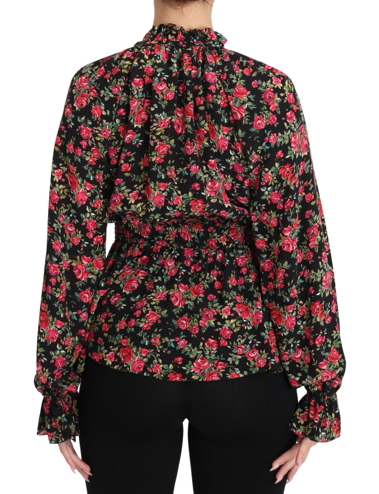 Luxurious Italian Black Floral Silk Shirt with Flattering Elasticated Waistband