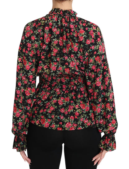 Luxurious Italian Black Floral Silk Shirt with Flattering Elasticated Waistband