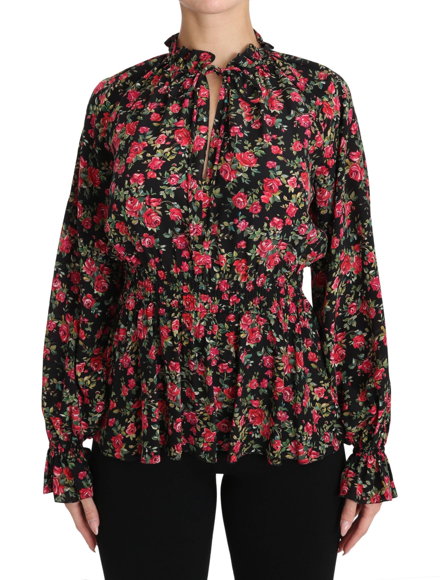Dolce & Gabbana Elegant Black Floral Silk Shirt with Elasticated Waistband