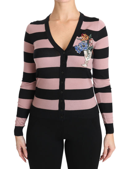 Exquisite pink cashmere cardigan with vibrant floral embroidery
