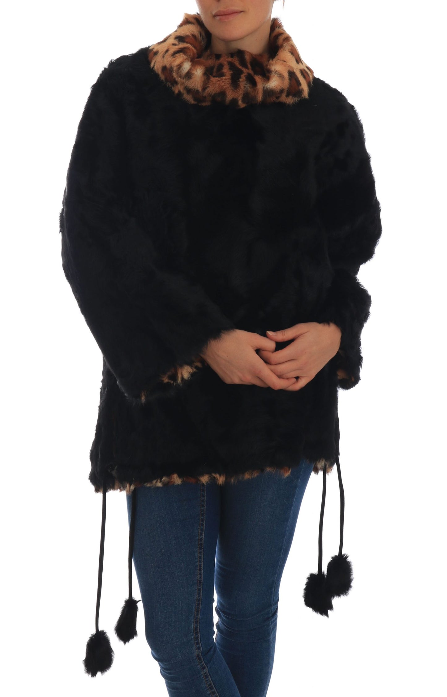 Dolce & Gabbana Elegant Black Lamb Fur Short Coat with Leopard Print Fur Lining in Italy