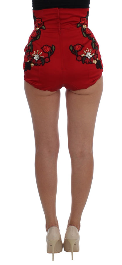 High waist red silk shorts with intricate crystal embroidery