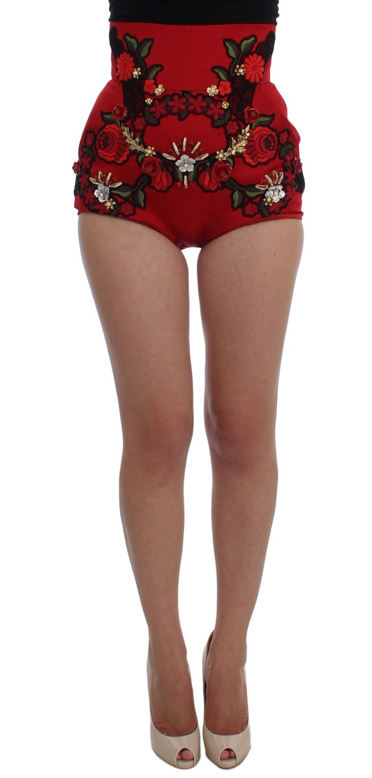 Dolce & Gabbana Ravishing Red Silk Embroidered Shorts with crystal accents