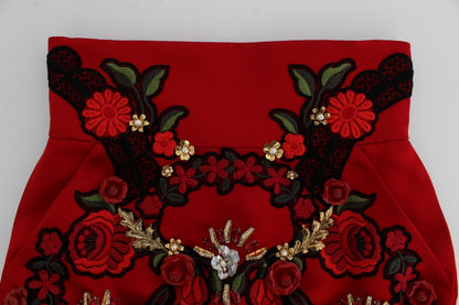 Elegant Dolce & Gabbana red silk shorts with crystal detailing