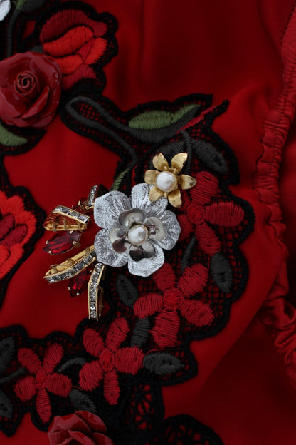 Red silk mini shorts by Dolce & Gabbana with intricate crystal embroidery