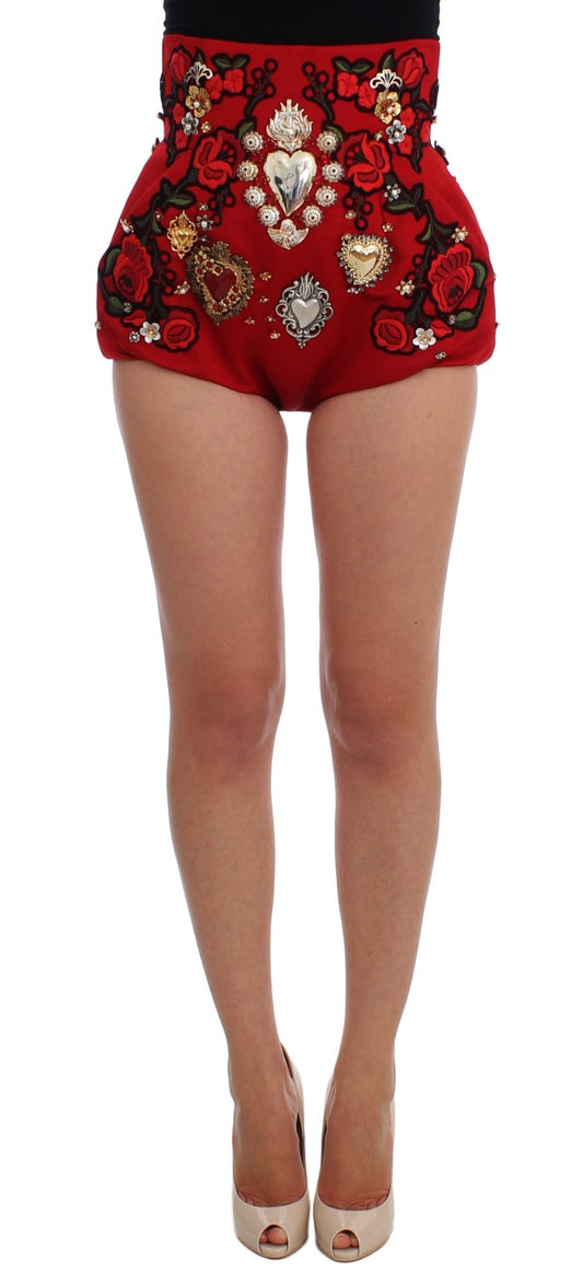 Dolce & Gabbana red silk crystal-embellished mini shorts for women