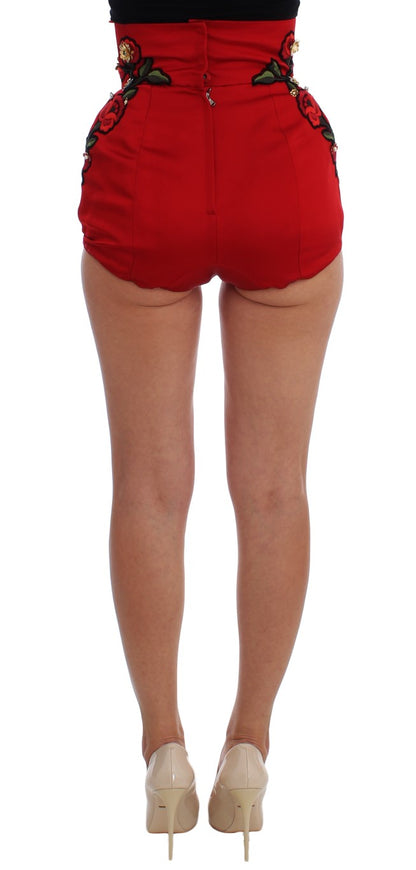 Luxurious high-waisted mini shorts adorned with exquisite roses embroidery and sparkling crystal and brass detailing