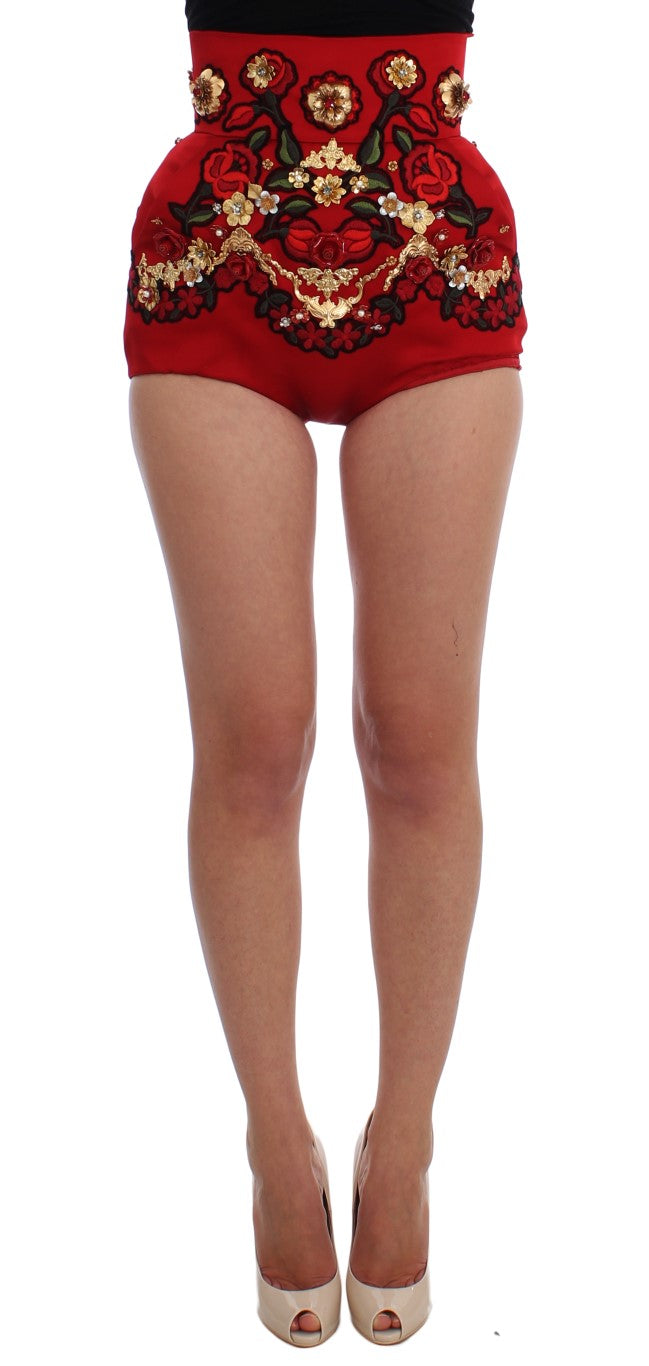 Dolce & Gabbana Enchanted Sicilian Rose Embroidered Mini Shorts in red with multicolor detailing